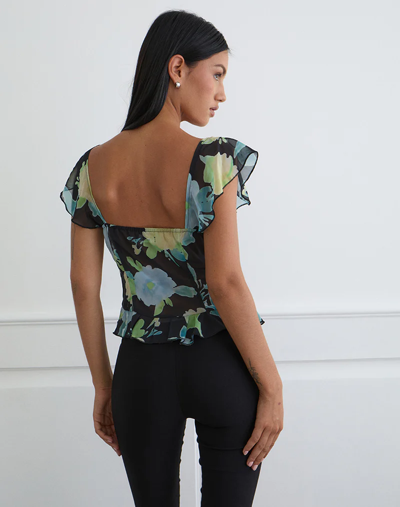 Selita Top in Black Chiffon with Crystal Flower Print - Image 3