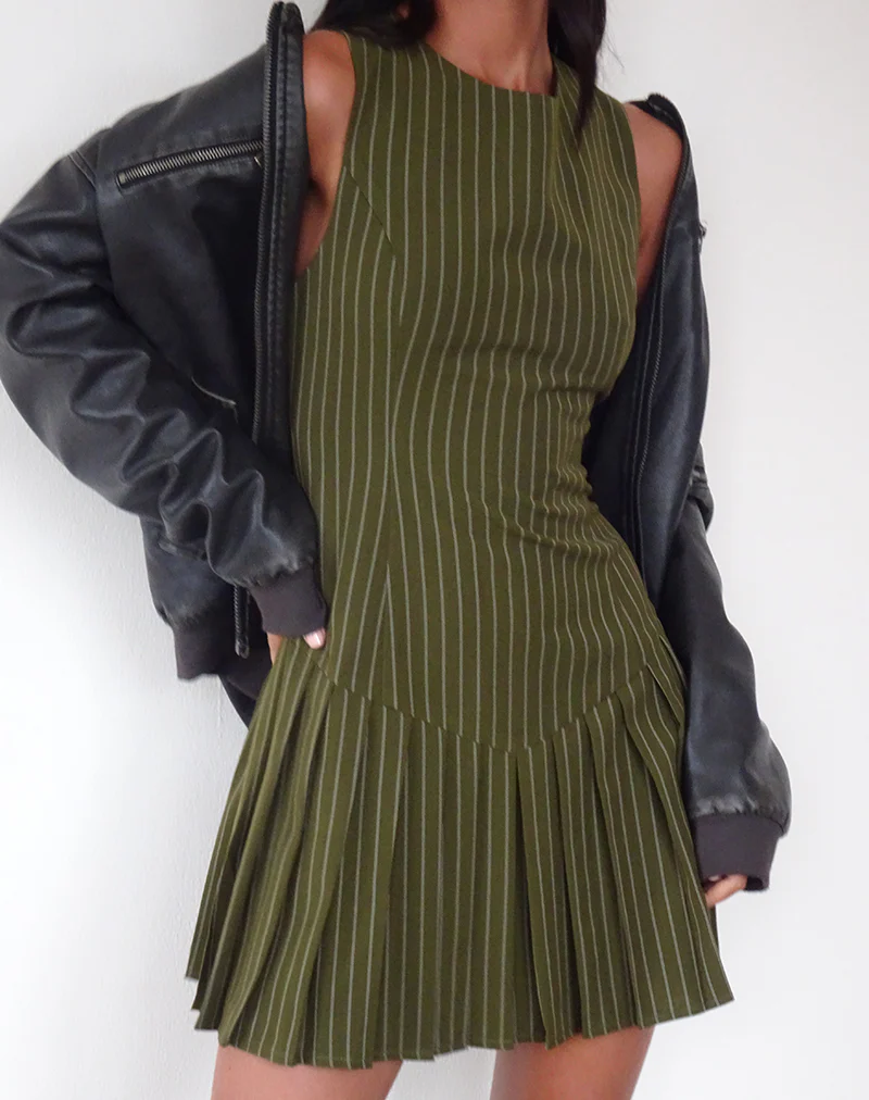 Semasa Mini Dress in Khaki Pinstripe - Image 2