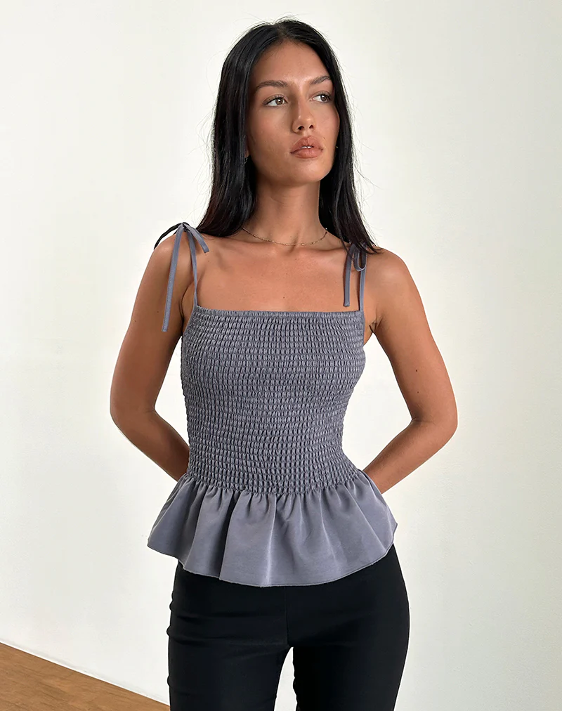 Seora Tie Shoulder Shirred Top in Grey - Image 4