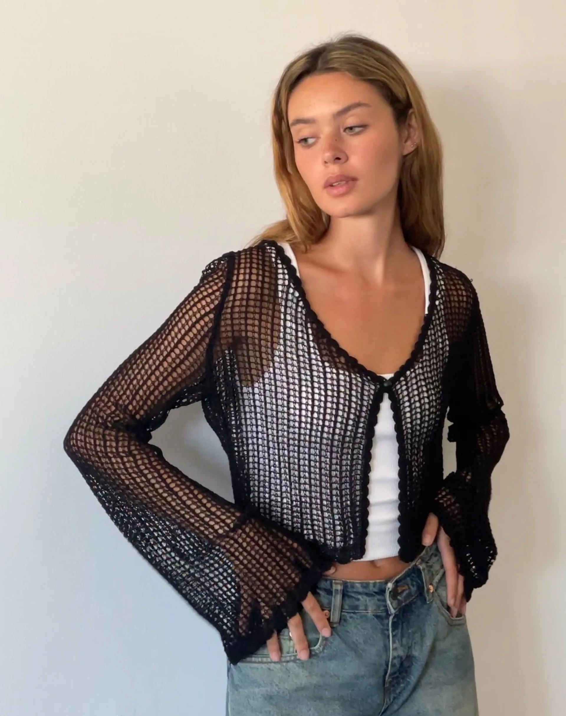 Septa Cropped Knit Cardigan in Black - Image 3