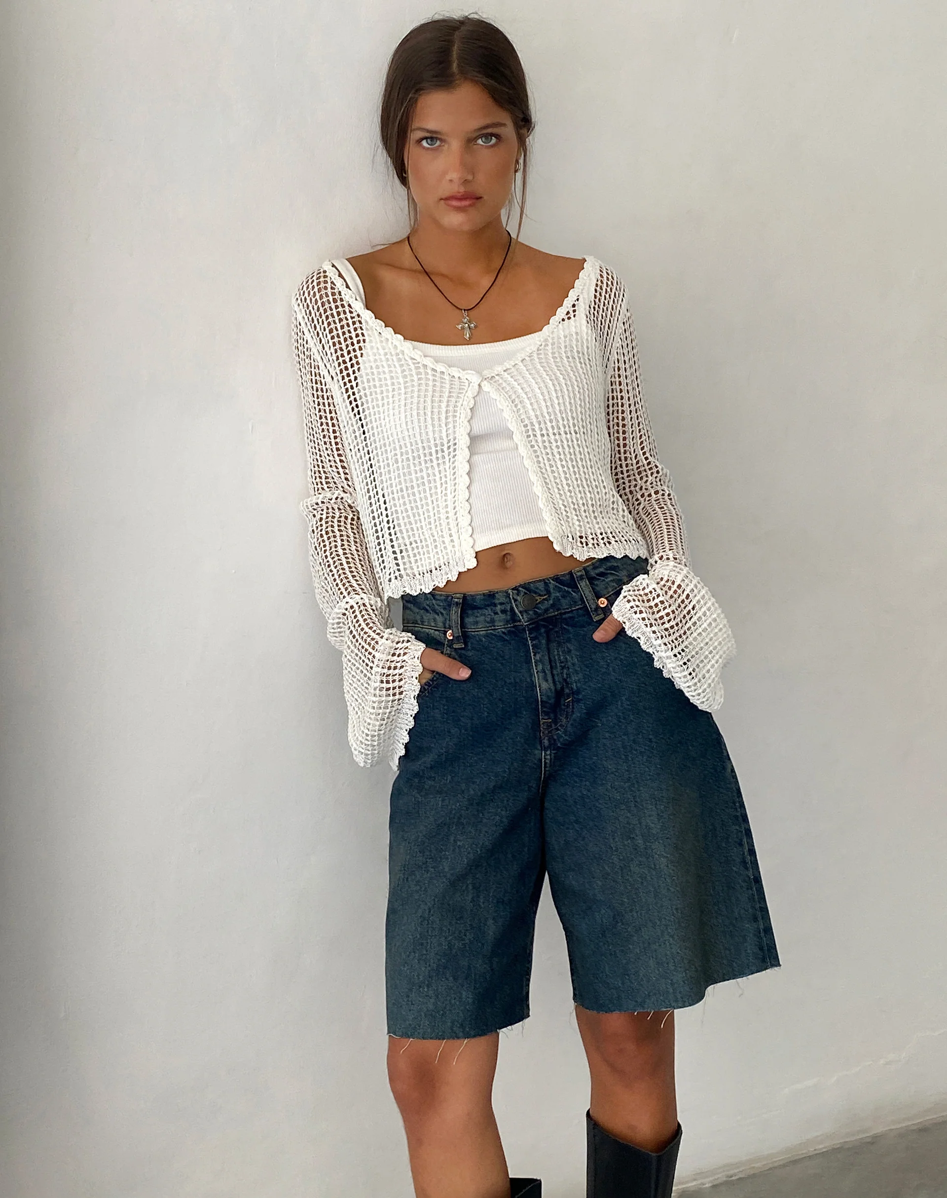 Septa Cropped Knit Cardigan in Ivory - Image 3