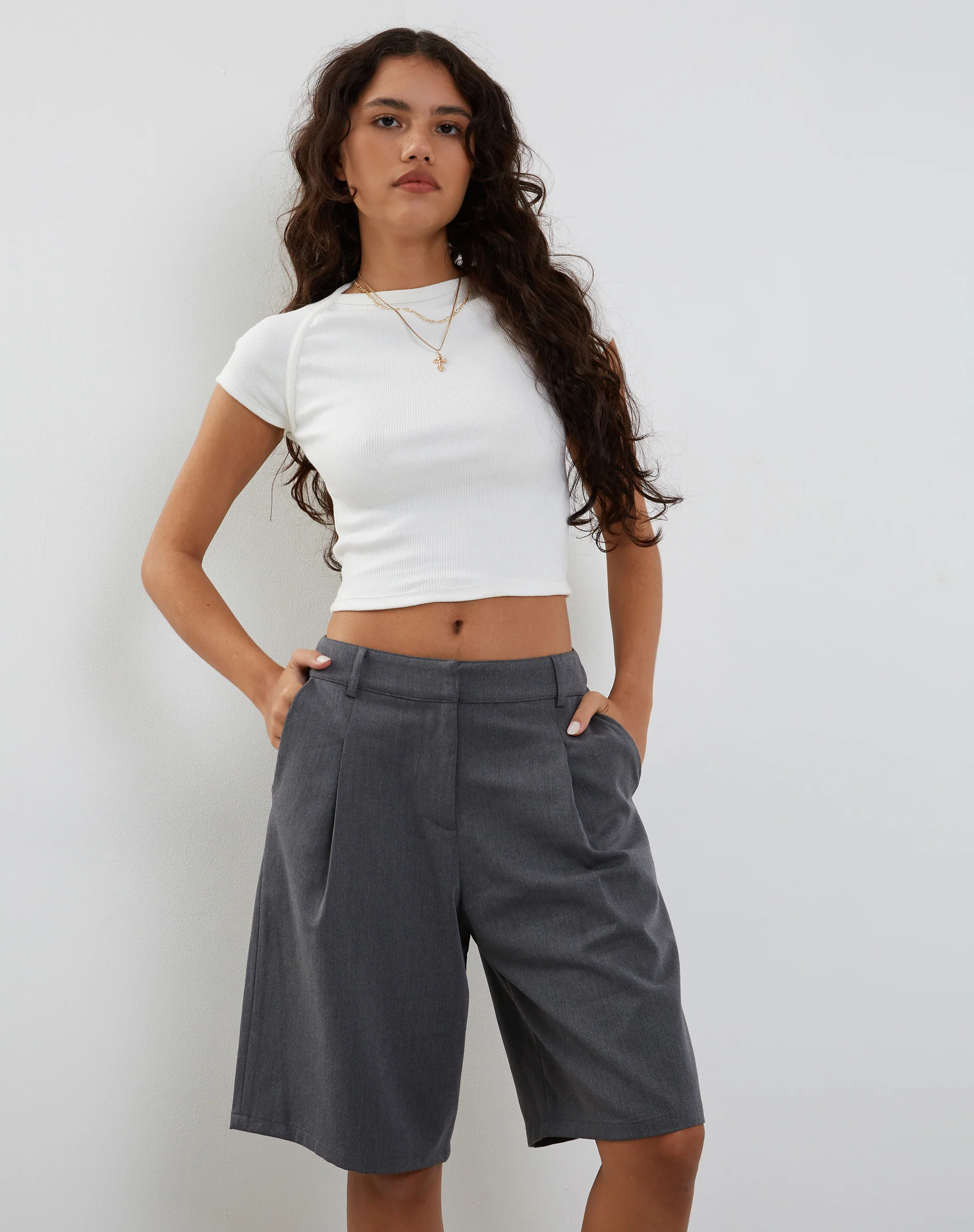 Setya Long Line Tailored Shorts in Charcoal - Image 2