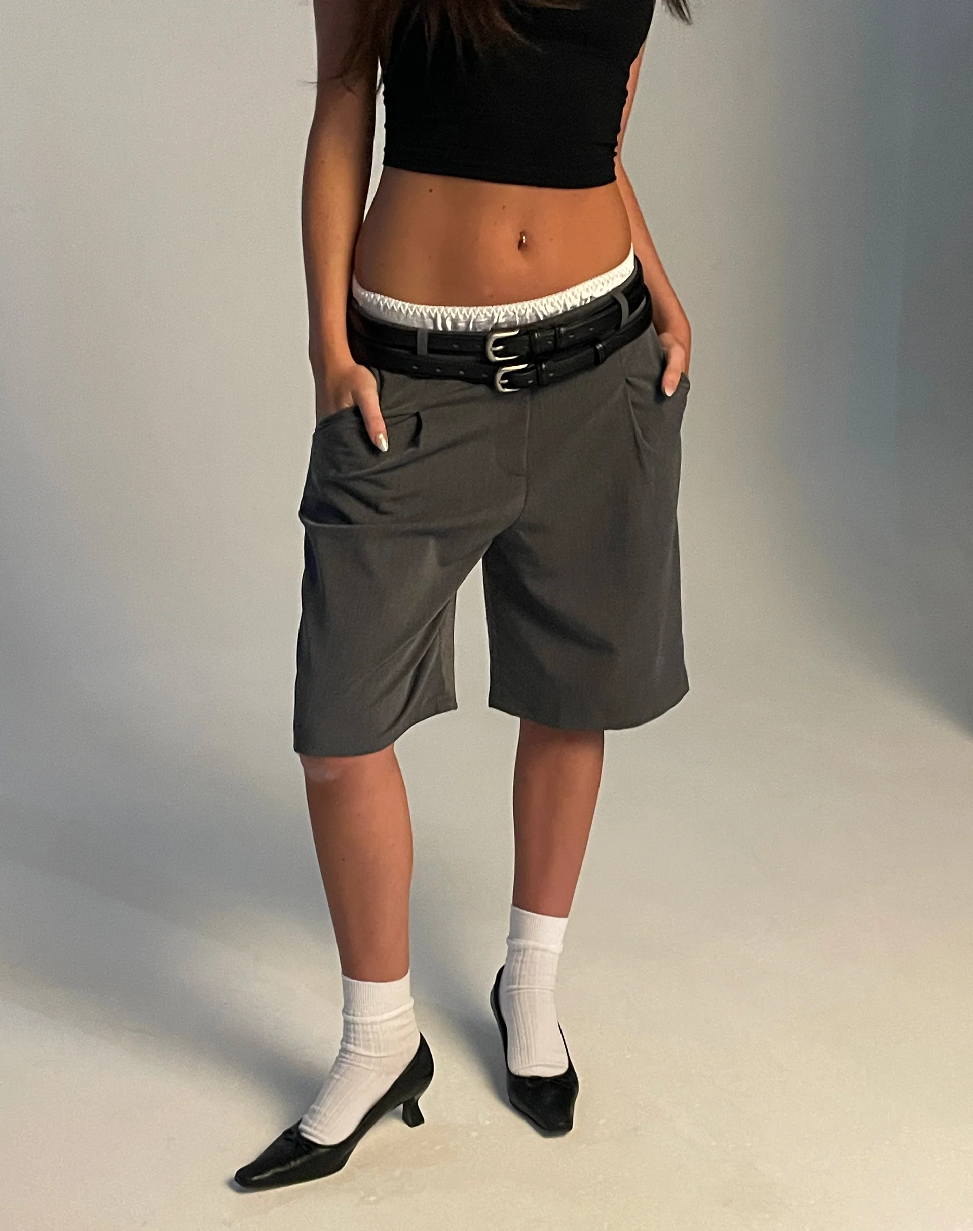 Setya Long Line Tailored Shorts in Charcoal - Image 3