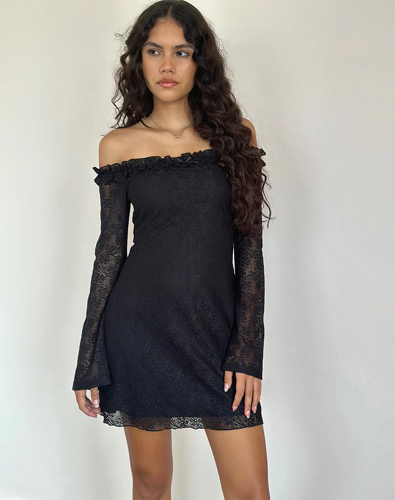 Severine Bardot Mini Dress Lace Black - Image 3