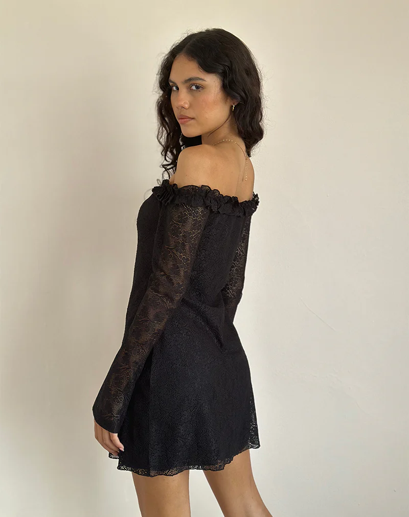 Severine Bardot Mini Dress Lace Black - Image 4