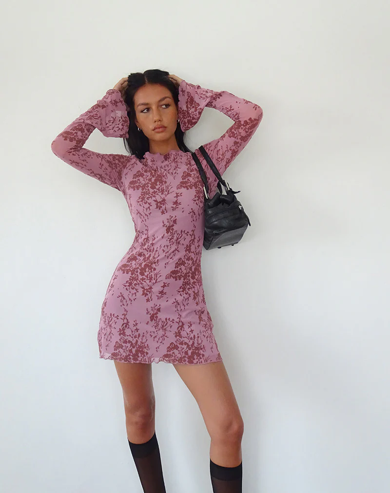 Sevila Long Sleeve Mini Dress in Botanic Mauve - Image 2