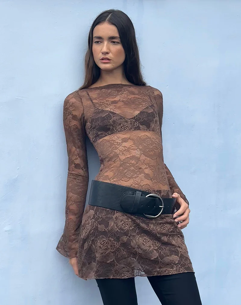 Sevila Long Sleeve Mini Dress in Dark Brown - Image 3