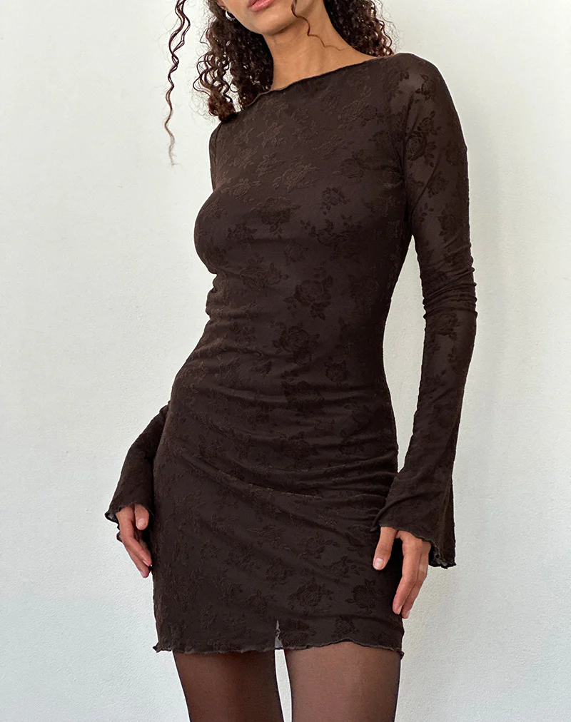 Sevila Long Sleeve Mini Dress in Romantic Rose Flock Brown - Image 2