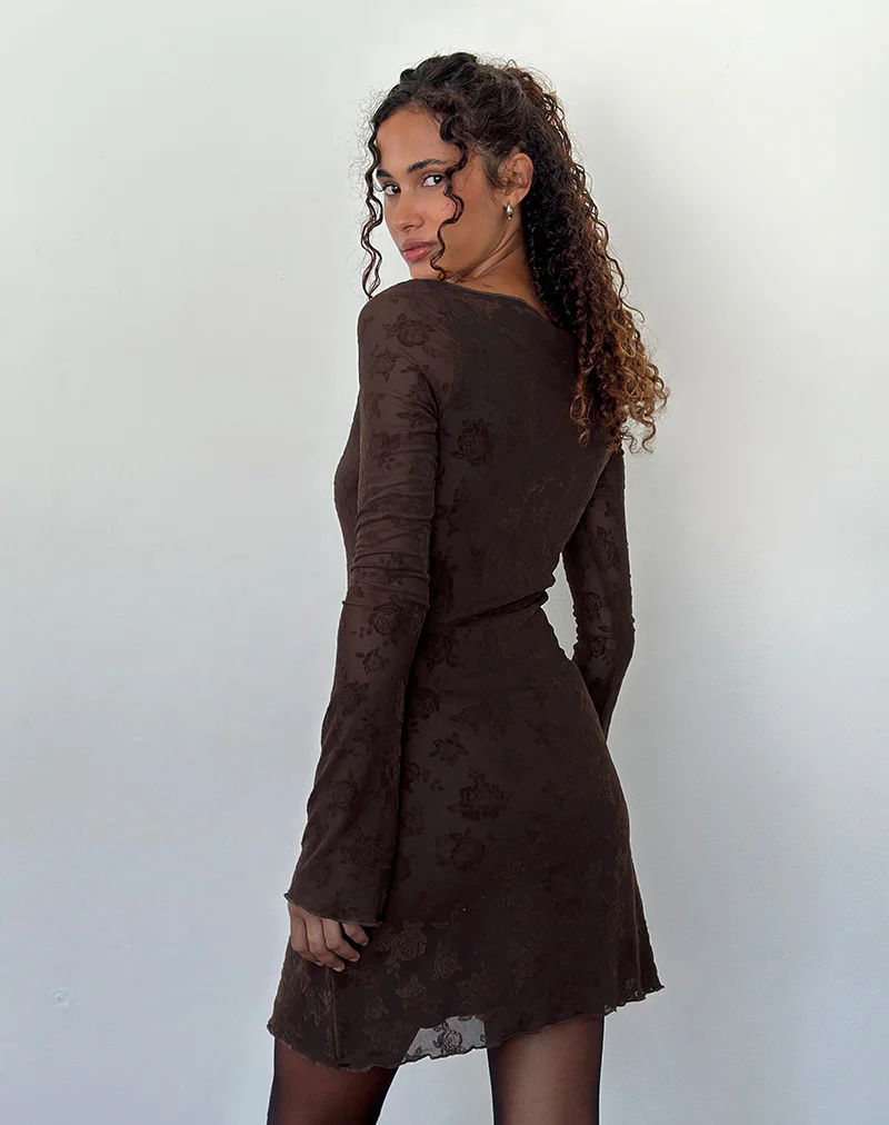 Sevila Long Sleeve Mini Dress in Romantic Rose Flock Brown - Image 3