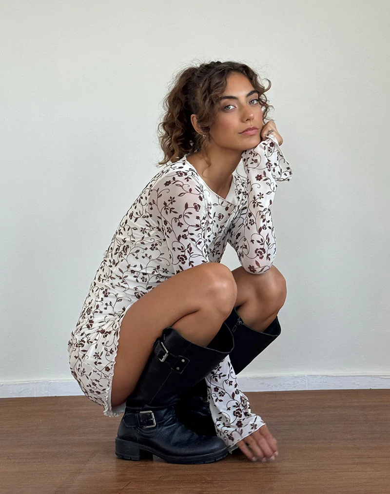 Sevila Long Sleeve Mini Dress in Stem Flower Flock Brown - Image 2