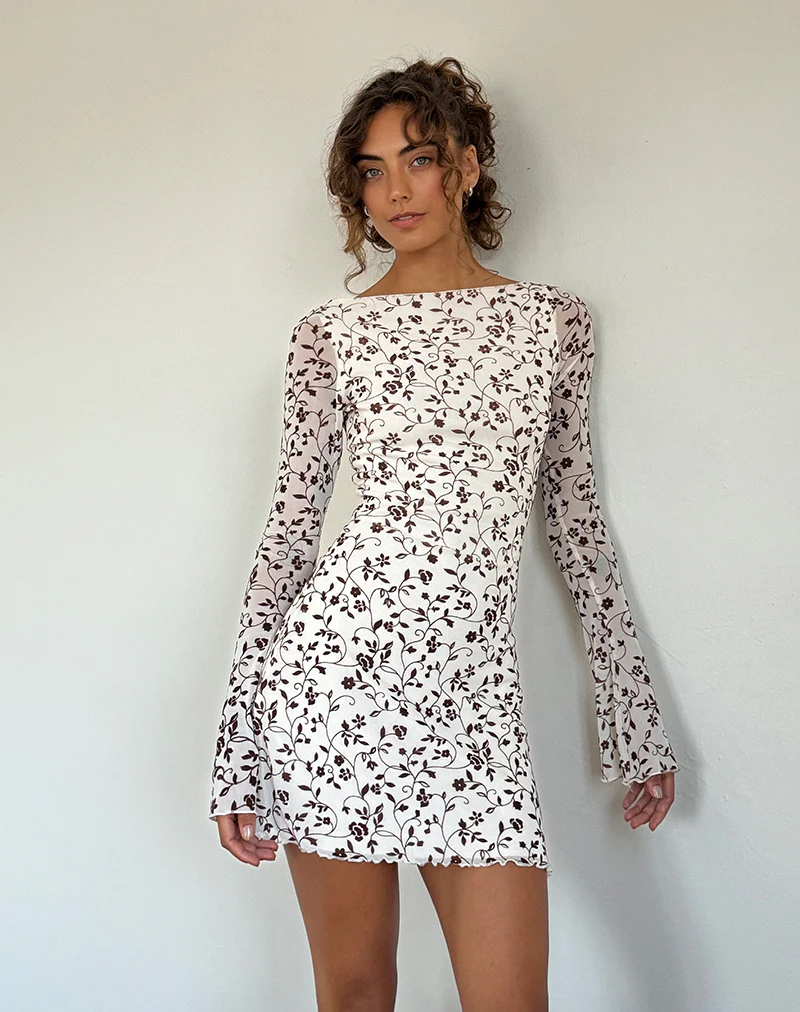 Sevila Long Sleeve Mini Dress in Stem Flower Flock Brown - Image 4