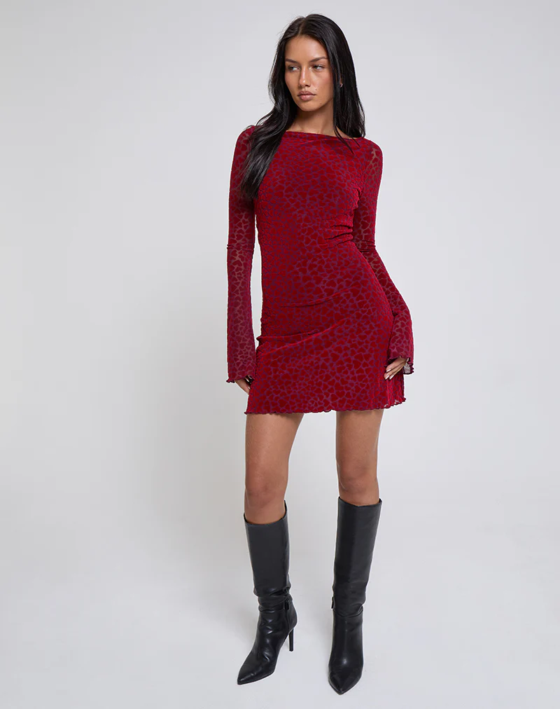 Sevila Long Sleeve Mini Dress in Heart Flock Maroon - Image 4