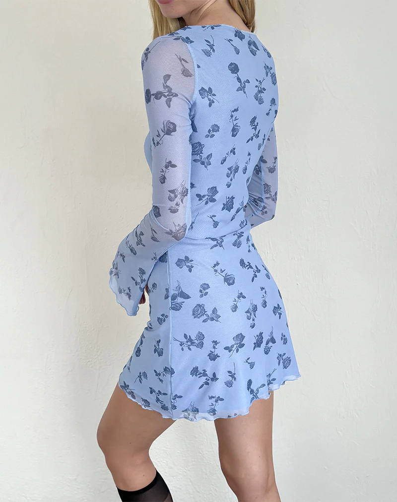 Sevila Long Sleeve Mini Dress in Inky Blue Floral Mesh - Image 2