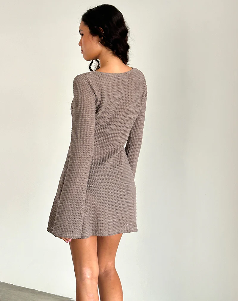 Sevila Long Sleeve Mini Dress in Light Taupe Knit - Image 3