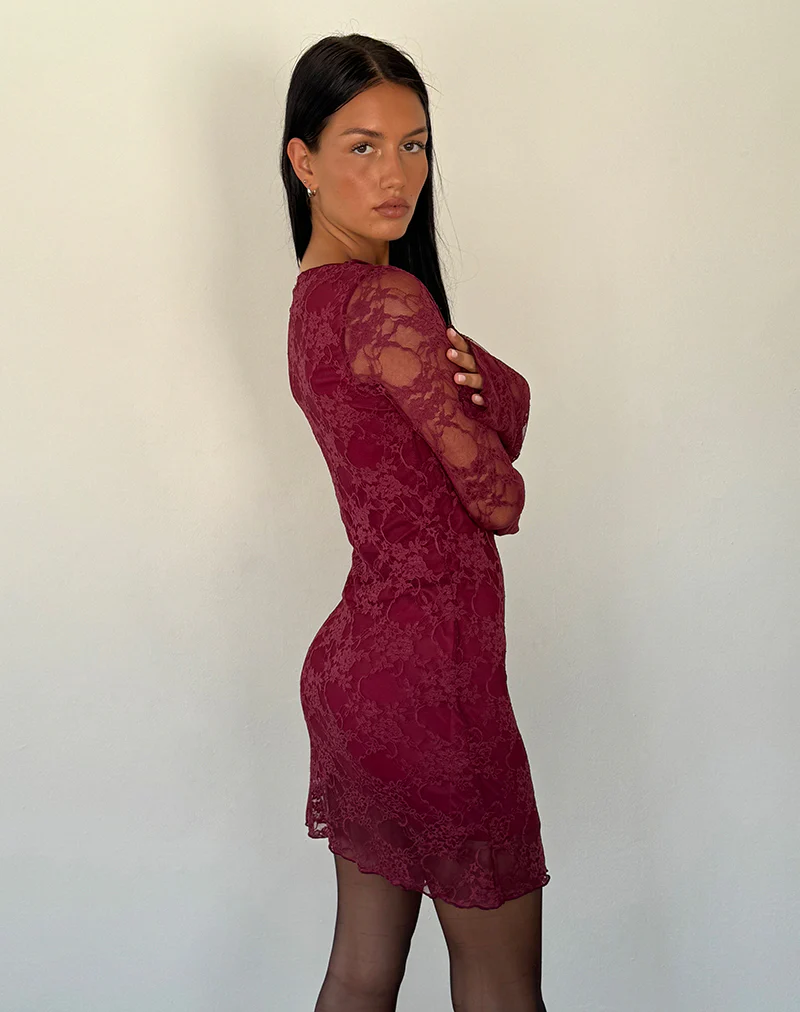 Sevila Long Sleeve Mini Dress Lace Burgundy - Image 5