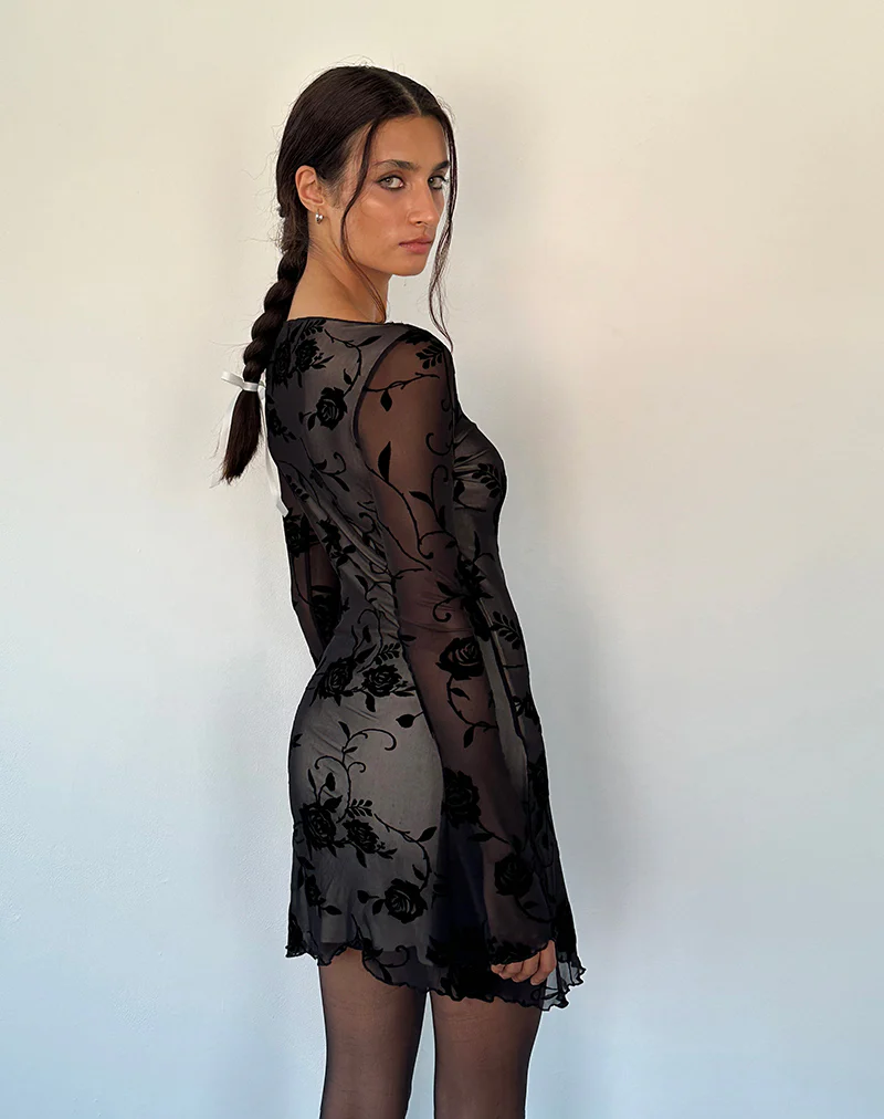 Sevila Long Sleeve Mini Dress in Black Rose Flock - Image 3