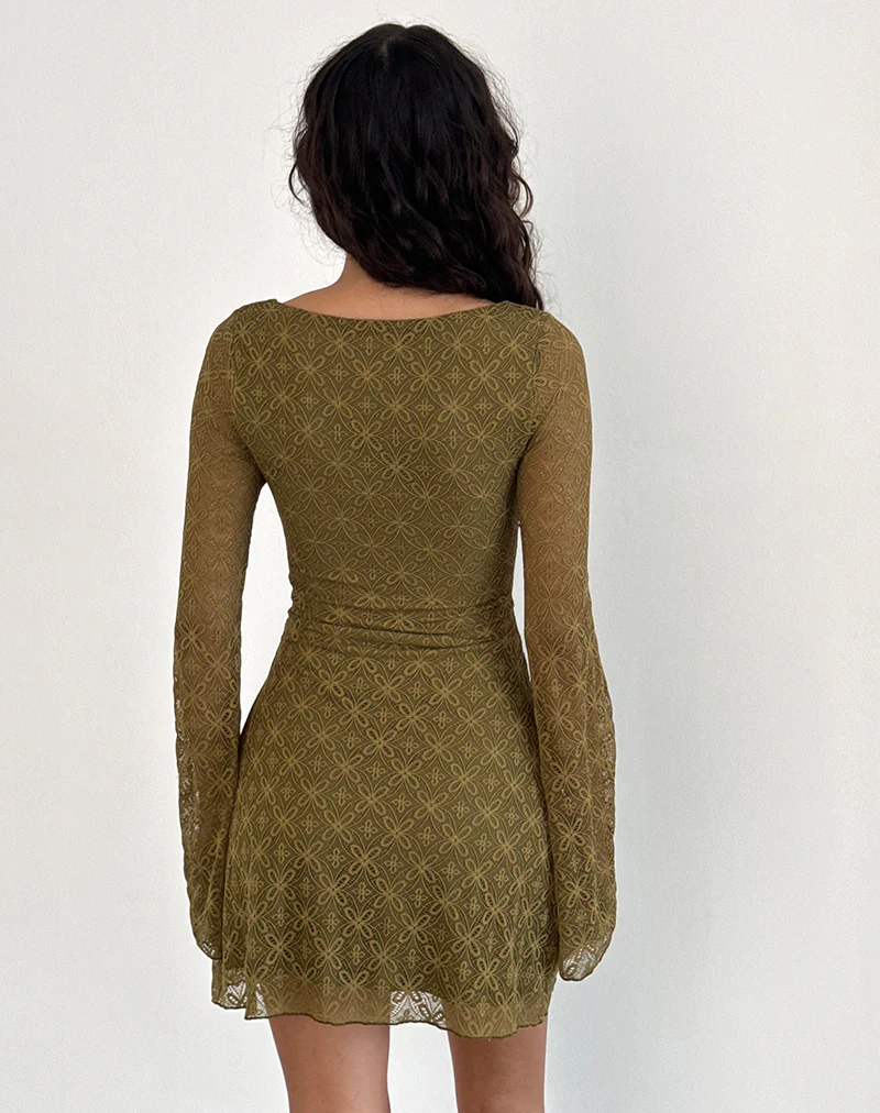 Sevila Long Sleeve Mini Dress in Textured Moss Green - Image 2
