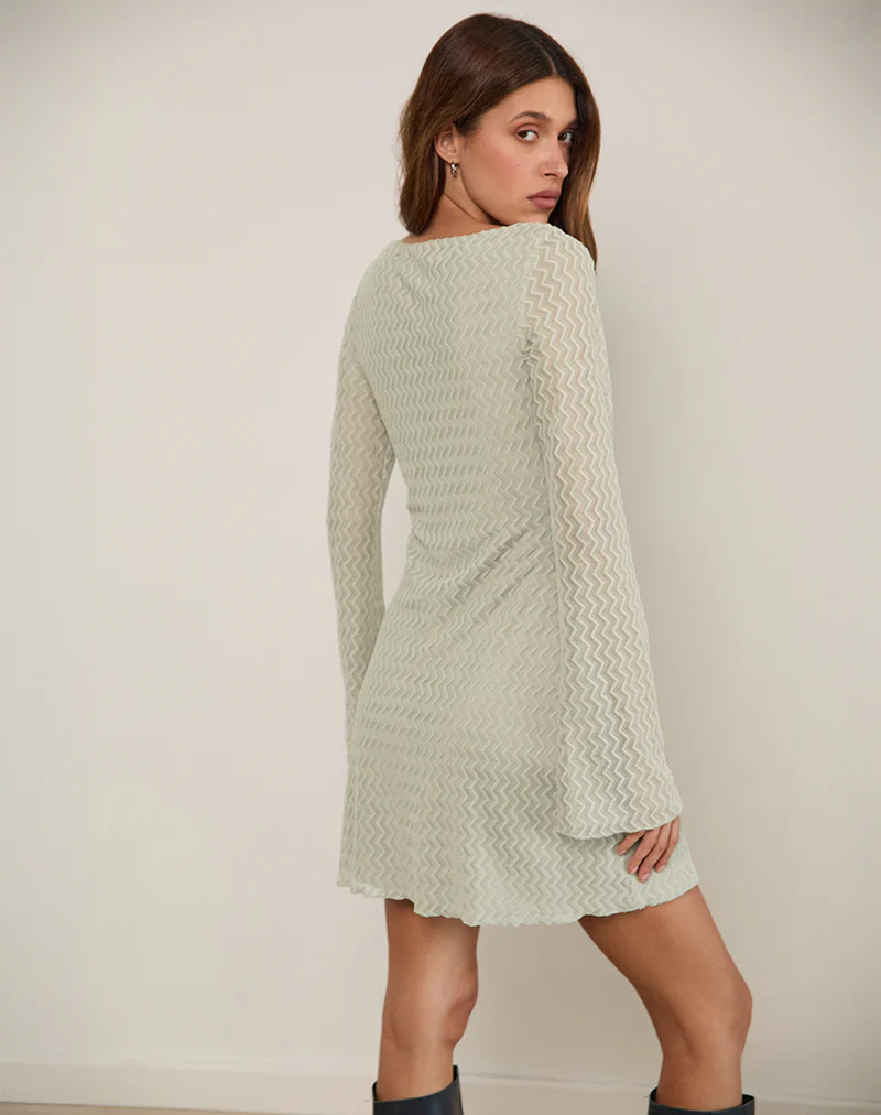 Sevila Long Sleeve Mini Dress in Mesh Sage Mini ZigZag - Image 3