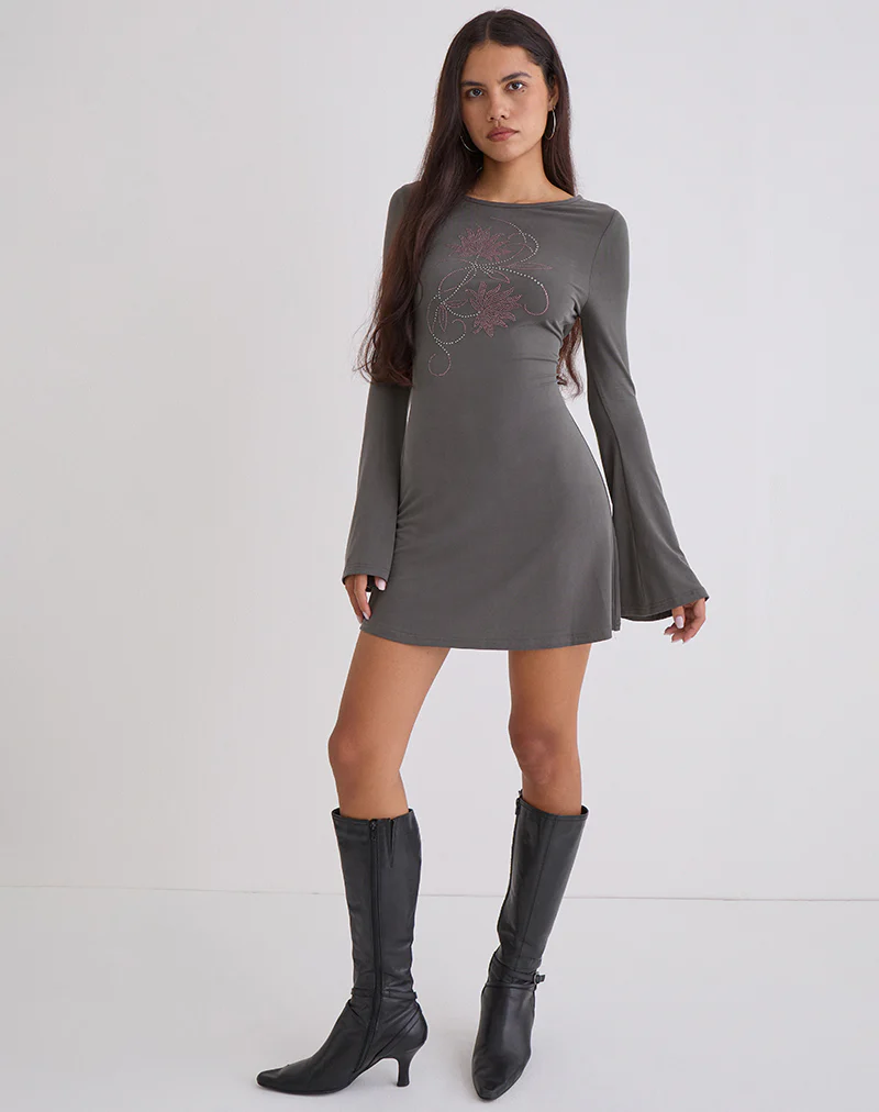 Sevila Long Sleeve Mini Dress in Cupro Diamante Flower Dark Grey - Image 2