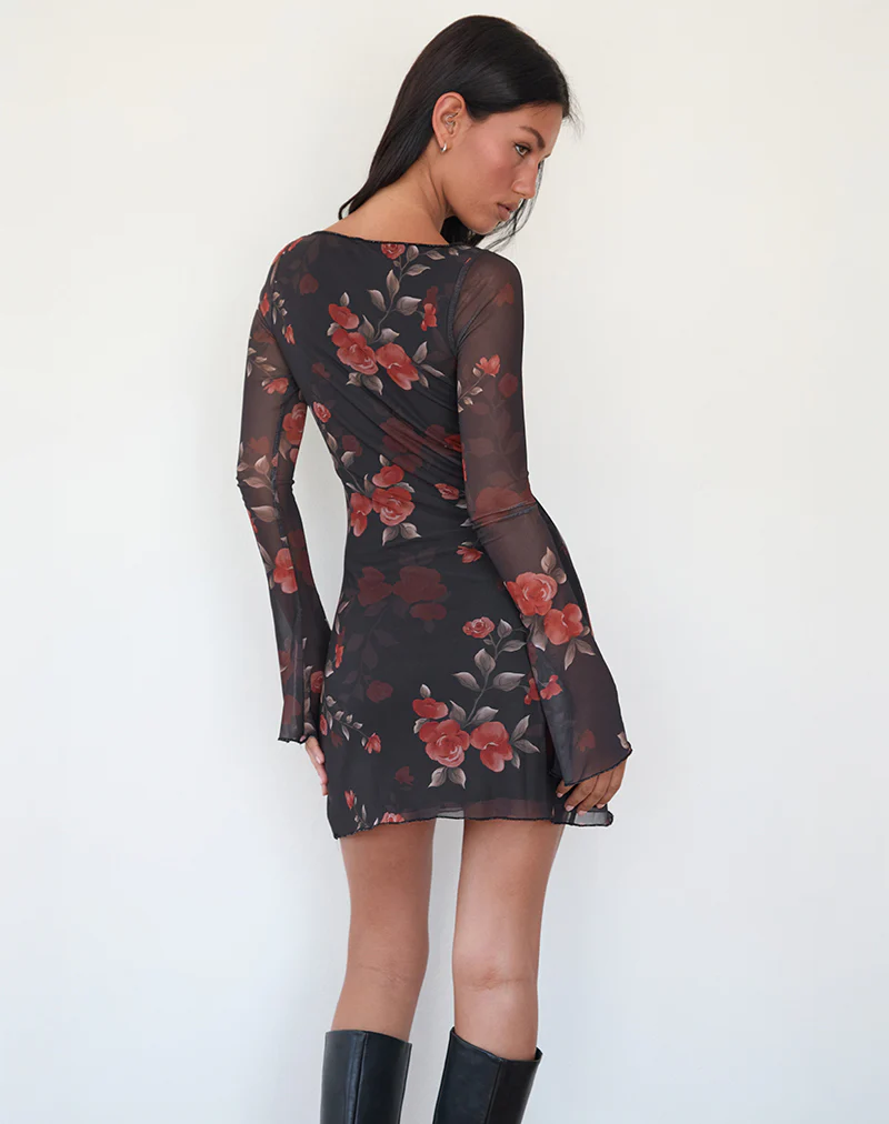 Sevila Long Sleeve Mini Dress in Black Watercolour Rose - Image 3