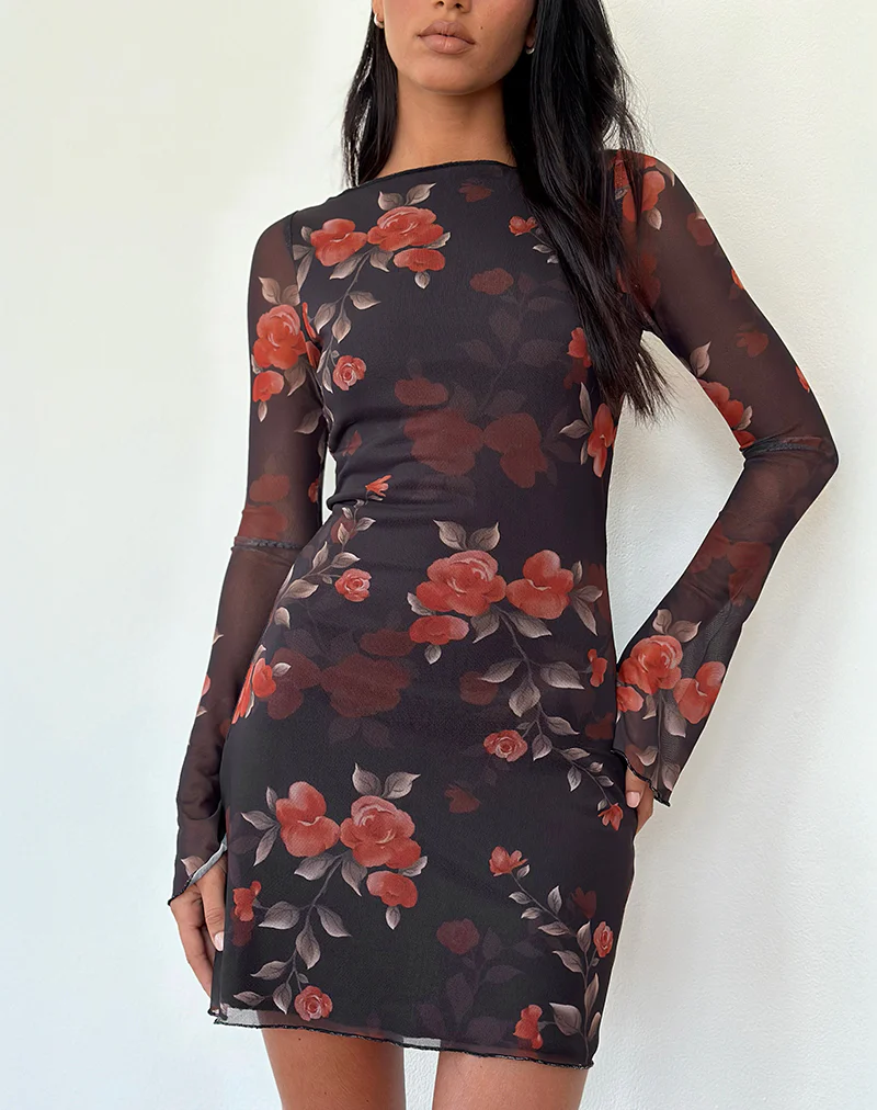Sevila Long Sleeve Mini Dress in Black Watercolour Rose - Image 5