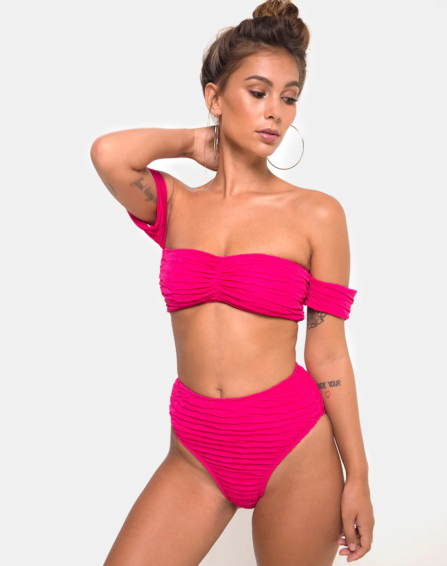 Shaca Bikini Bottom in 80's Crinkle Pink Highlighter - Image 3