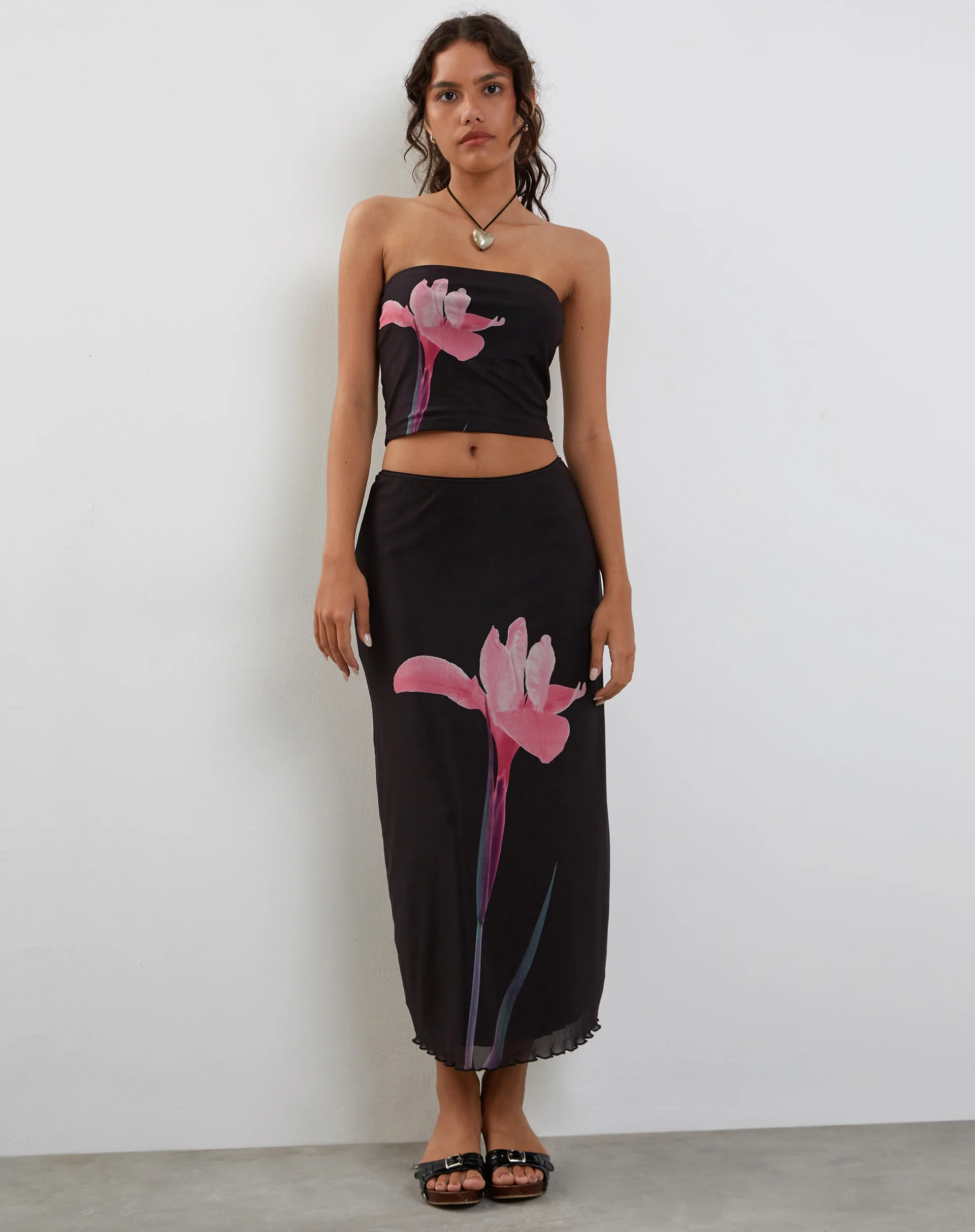 Shae Bandeau Top in Black with Pink Flower Placement - Image 2