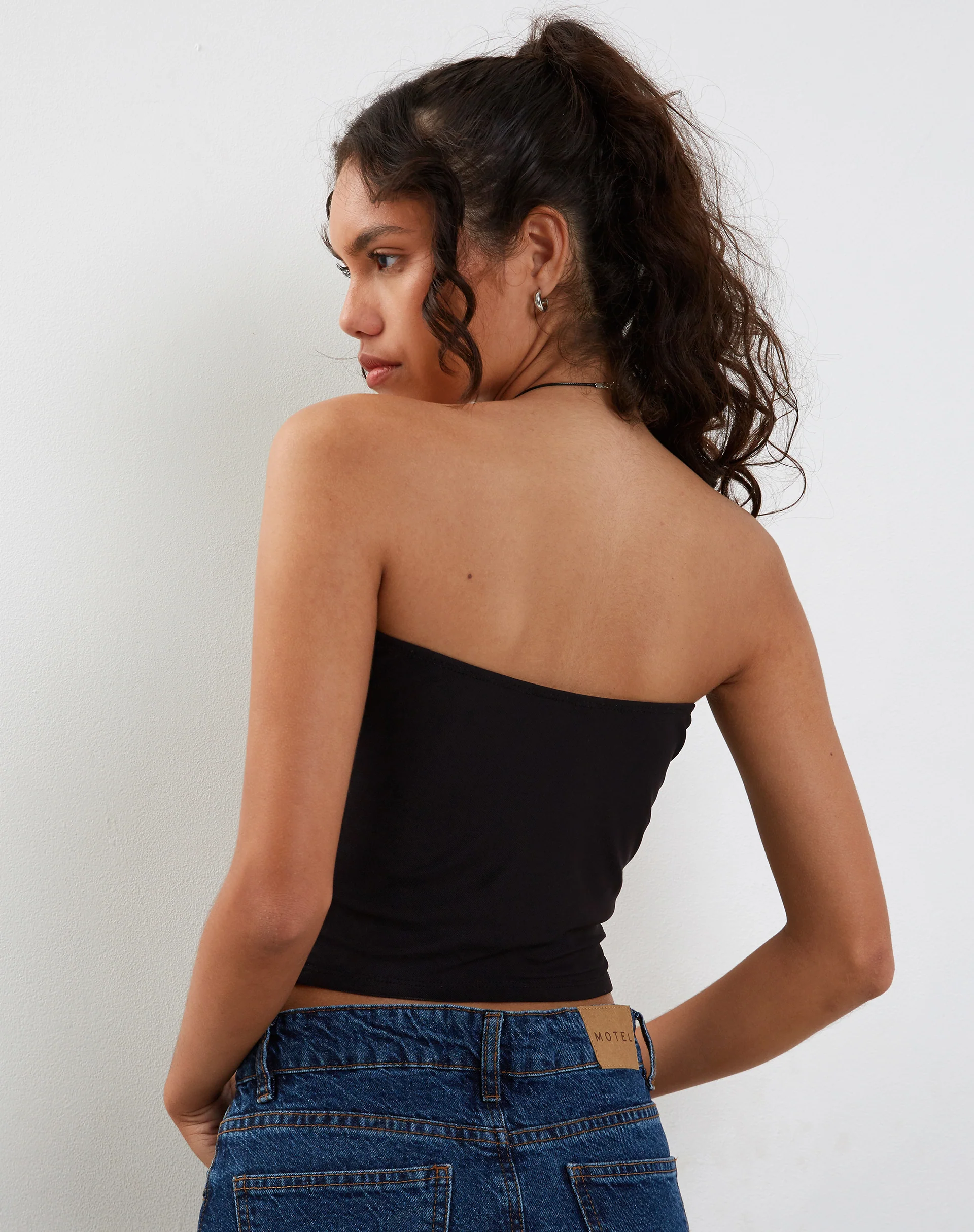Shae Bandeau Top in Black with Pink Flower Placement - Image 4