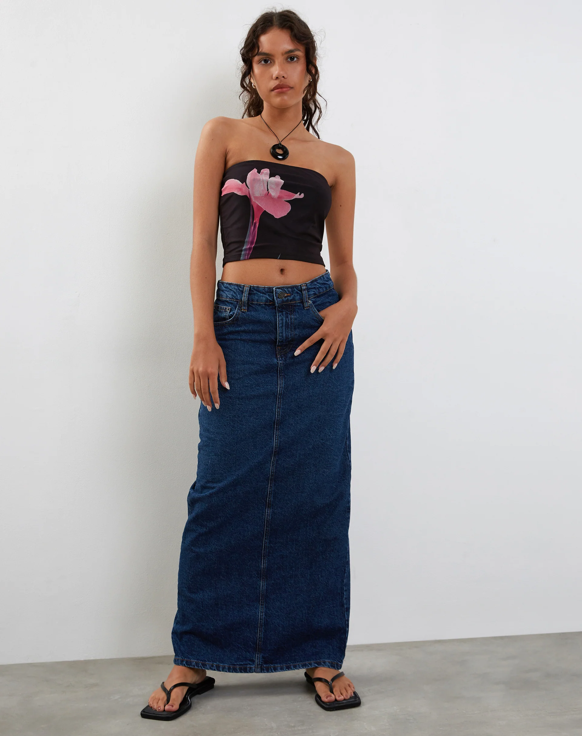 Shae Bandeau Top in Black with Pink Flower Placement - Image 5
