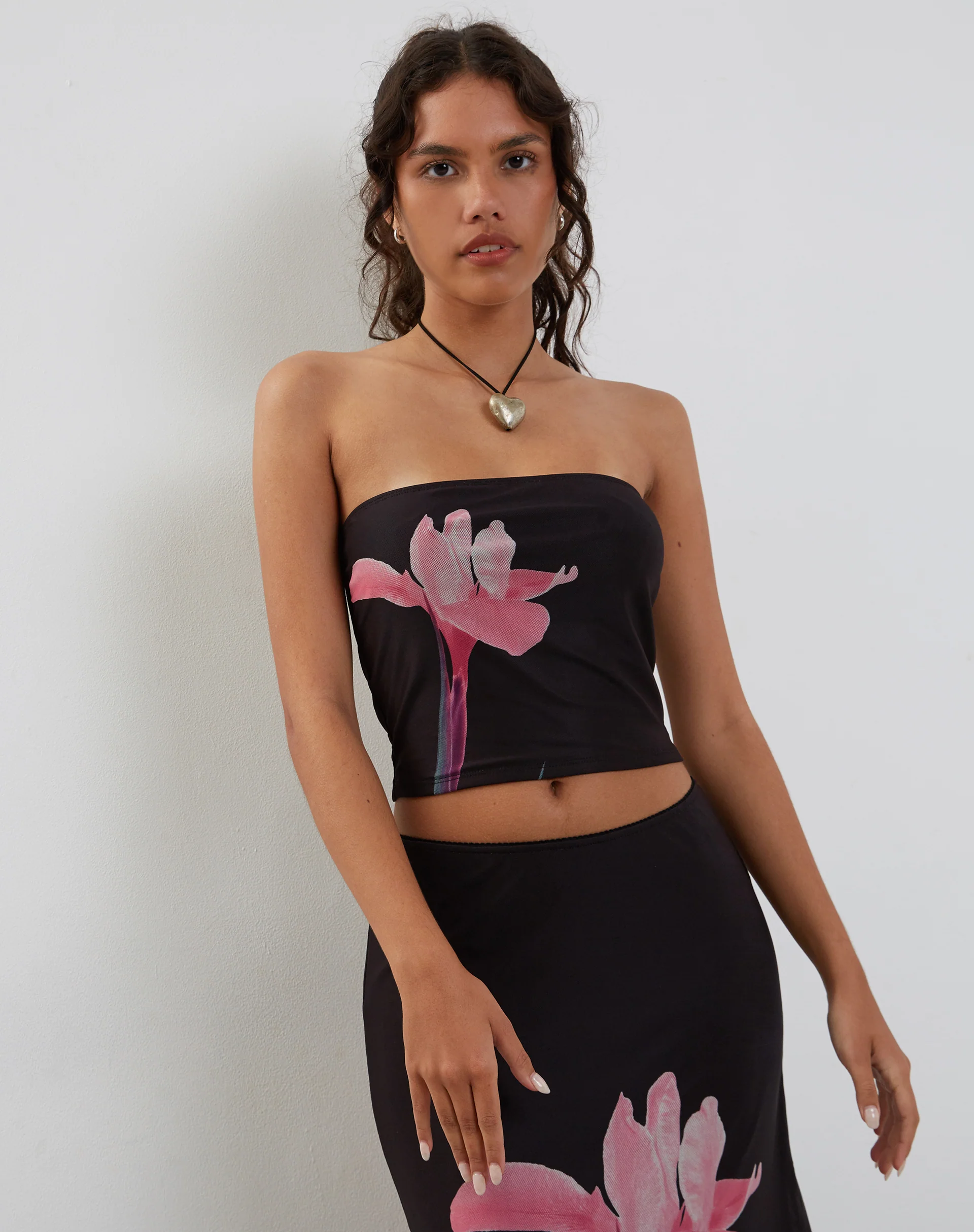 Shae Bandeau Top in Black with Pink Flower Placement - Image 6