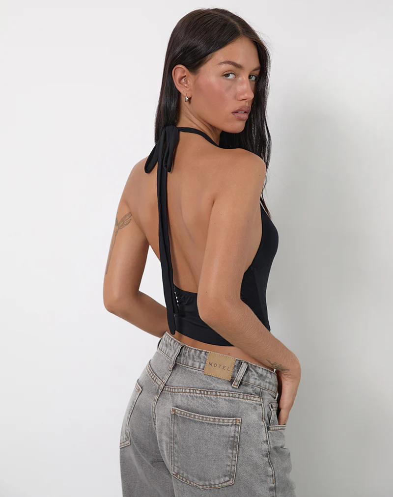 Shalas Halter Top in Rayon Jersey Black - Image 3