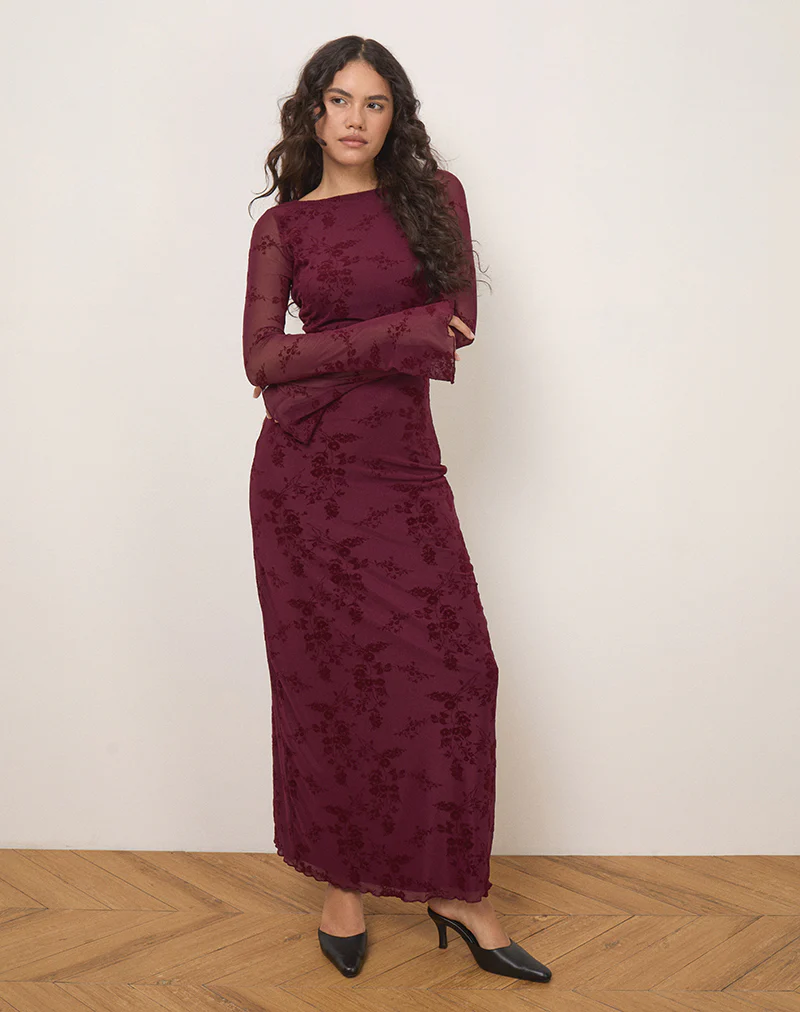 Shaleed Maxi Dress in Botanical Flower Maroon - Image 4