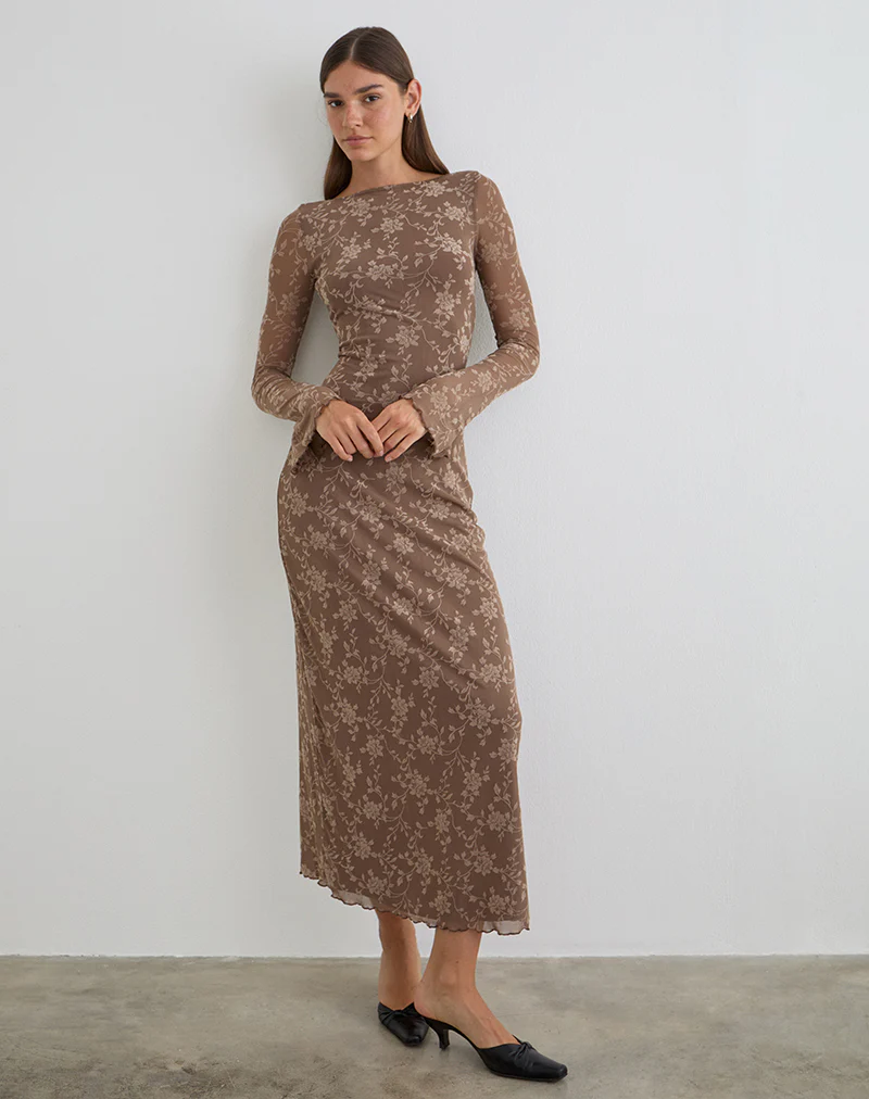 Shaleed Maxi Dress in Leafy Flock Dark Taupe - Image 3