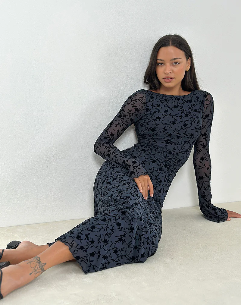 Shaleed Maxi Dress in Pretty Petal Flock Navy - Image 3