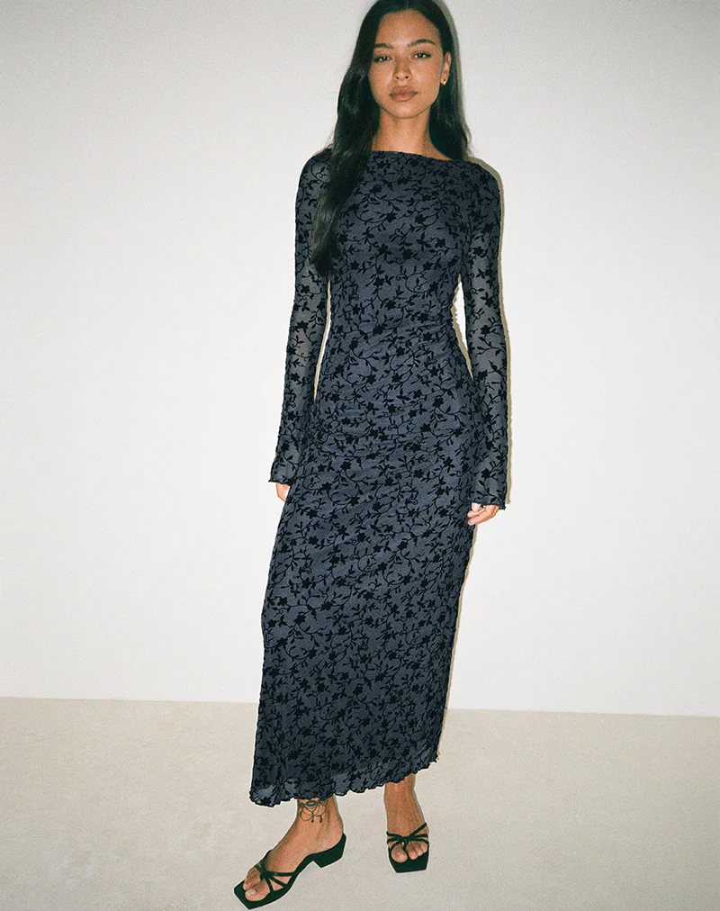 Shaleed Maxi Dress in Pretty Petal Flock Navy - Image 5