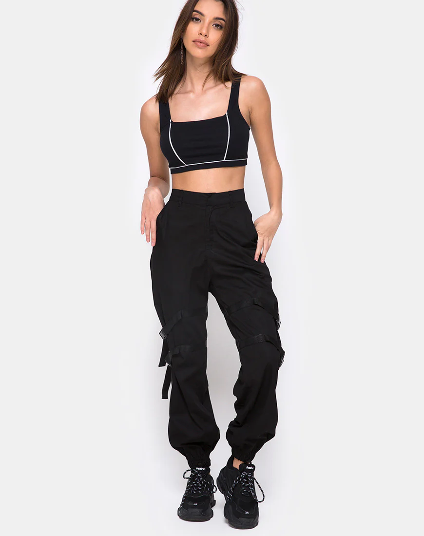 Shano Crop Top in Black With White Piping - Image 3