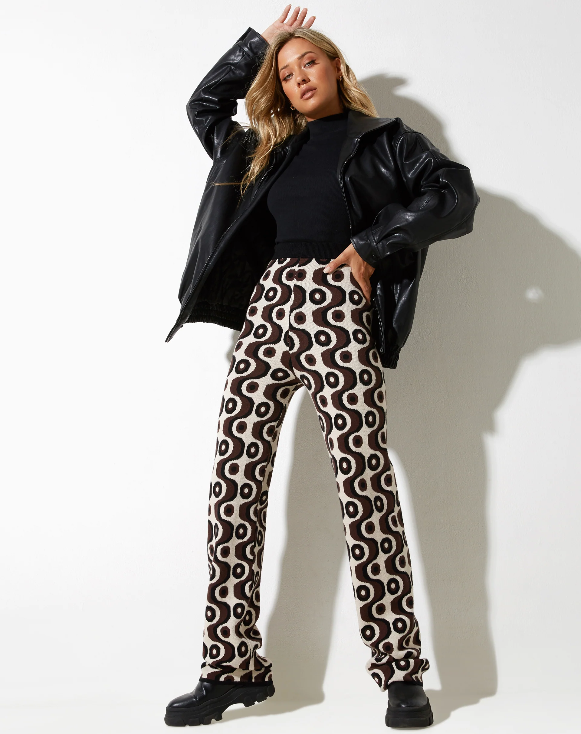 Sheba Wide Leg Trouser in Wavy Geo Ivory Brown and Black - Image 3