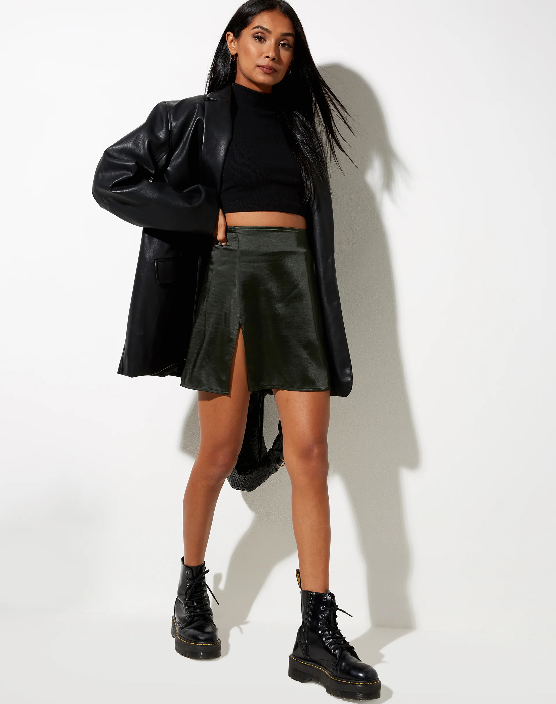Shenka Mini Skirt in Satin Dark Khaki - Image 2