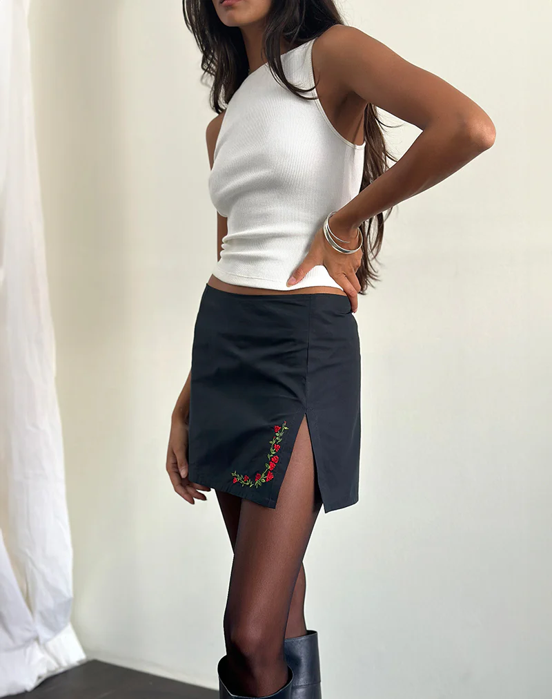 Sheny Mini Skirt in Tapshoe with Red Flower Embroidery - Image 2