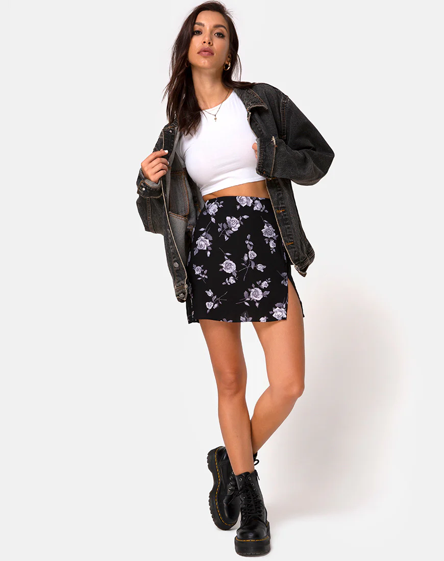 Sheny Mini Skirt in White Rose Black - Image 2