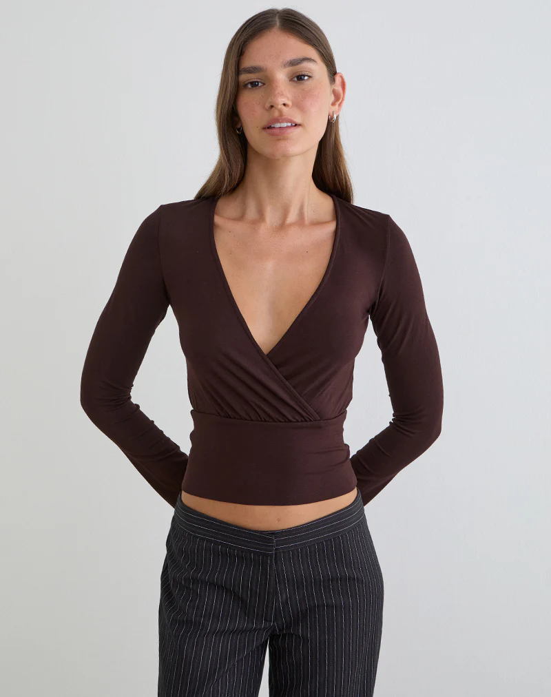 Sheon Long Sleeve Top in Rayon Jersey Bitter Chocolate - Image 2