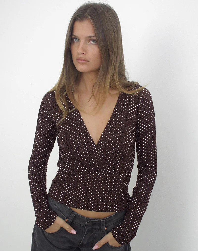 Sheon Long Sleeve Top in Rayon Jersey Brown with Micro Polka Print - Image 2