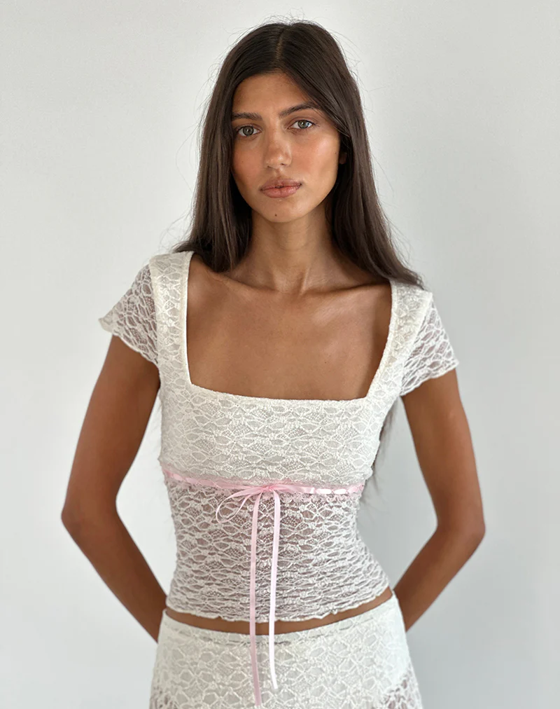 Sherine Lace Top in Cream with Pink Binding - Image 2
