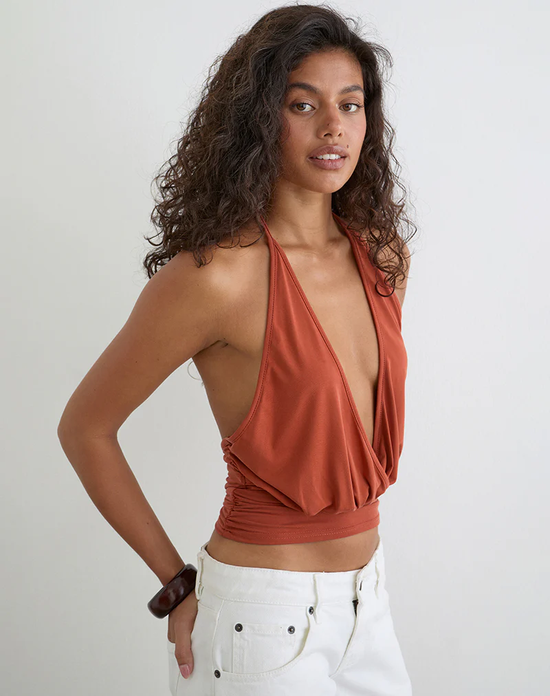 Sherlyn Halter Top in Cupro Burnt Orange - Image 3