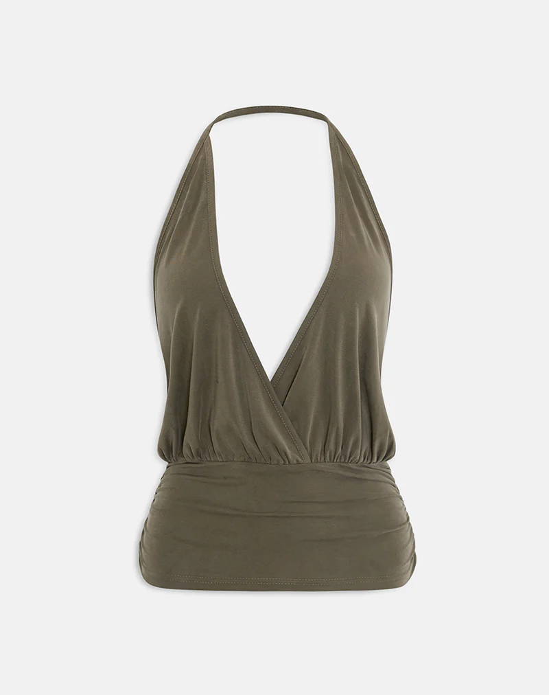 Sherlyn Halter Top in Cupro Khaki - Image 3