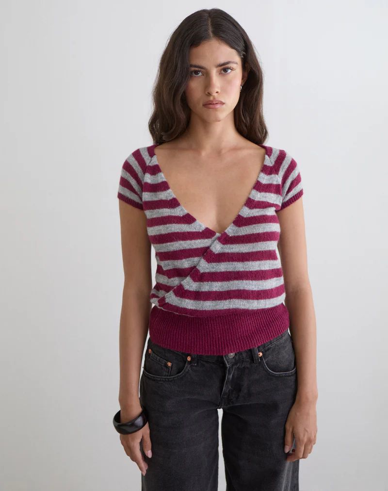 Shilpa Top in Maxi Stripe Wine and Grey - Image 2