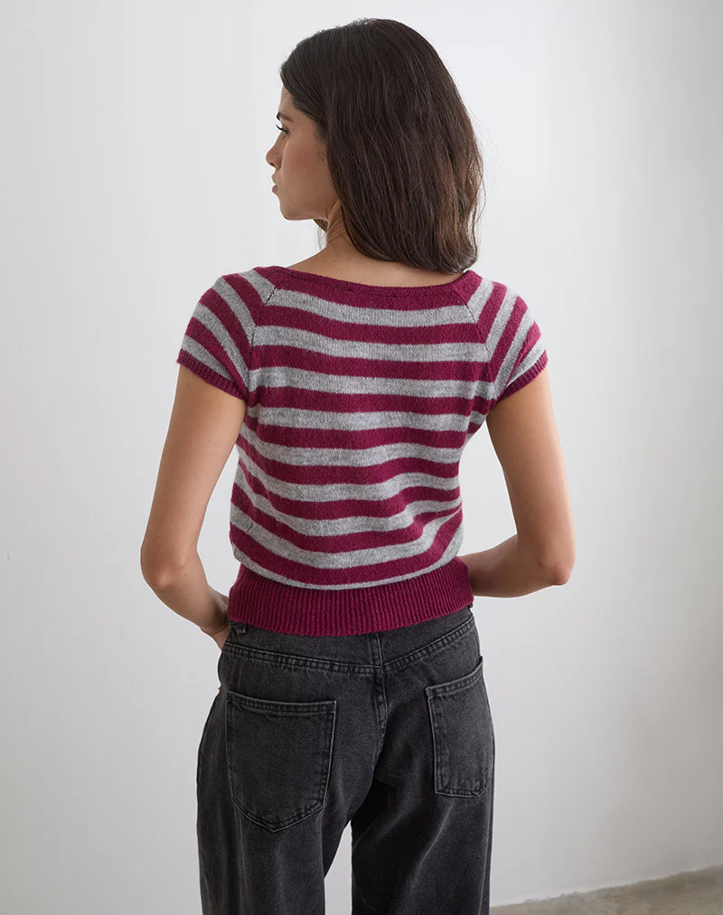 Shilpa Top in Maxi Stripe Wine and Grey - Image 4