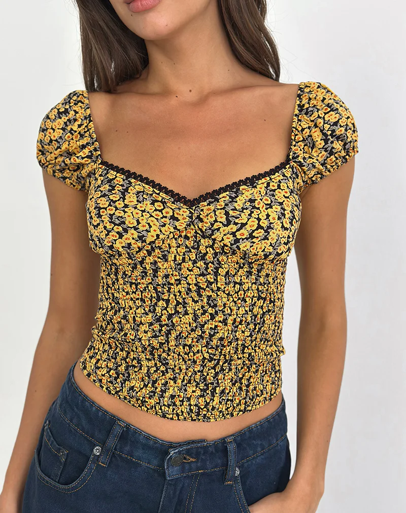 Shizu Cap Sleeve Top in Mini Bloom Yellow - Image 3