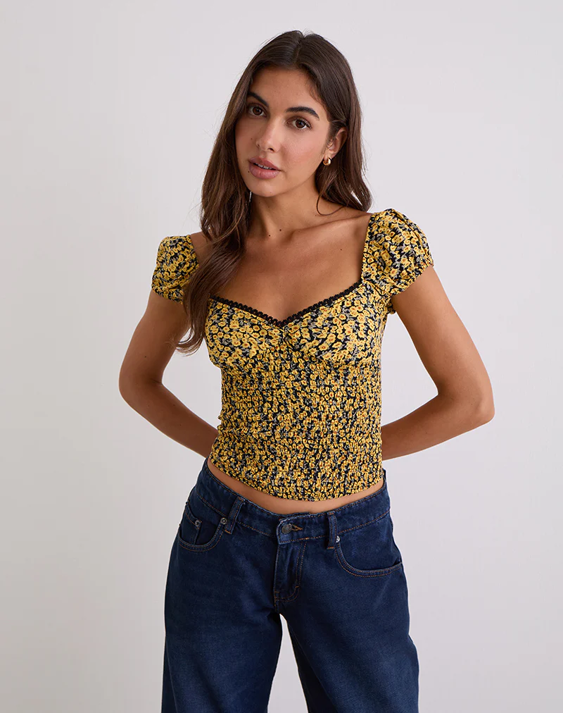 Shizu Cap Sleeve Top in Mini Bloom Yellow - Image 4