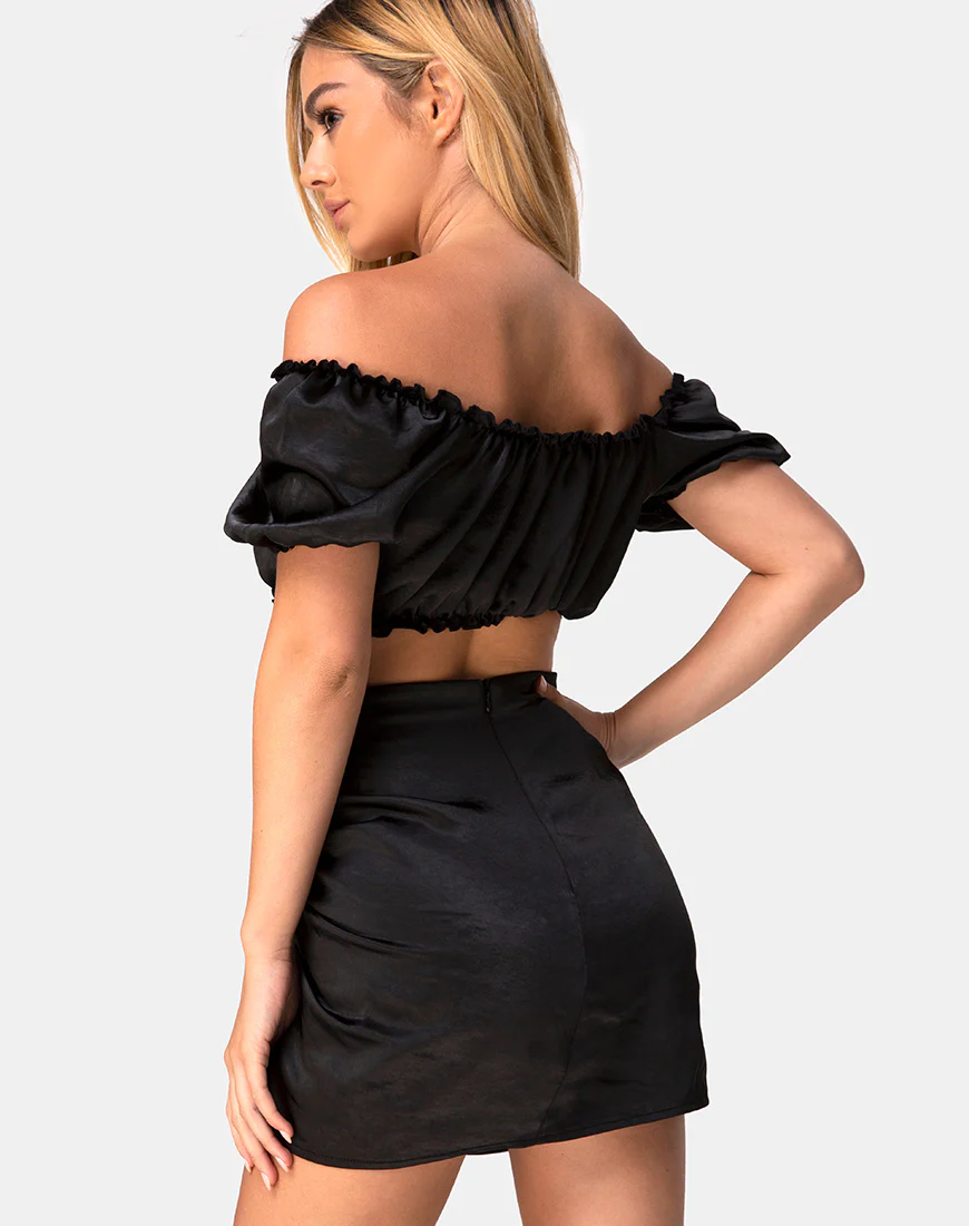 Shoti Mini Skirt in Satin Black - Image 2